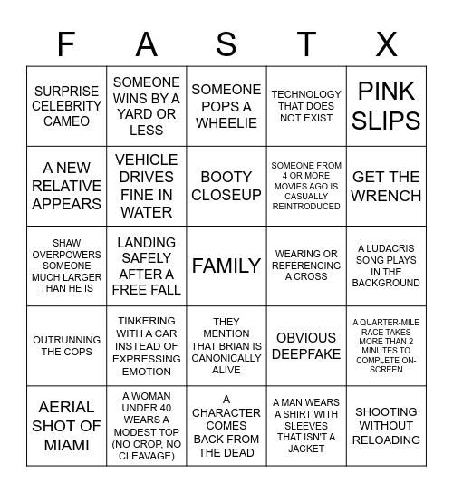 FAST & FURIOUS BINGO Card