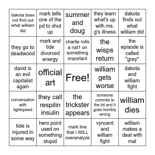 PD s2ep33 Predictions Bingo Card