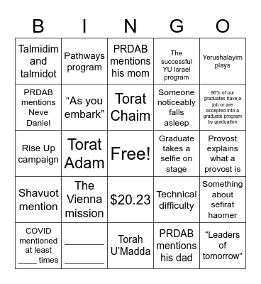 Yeshiva University Commencement 2023 Bingo Card