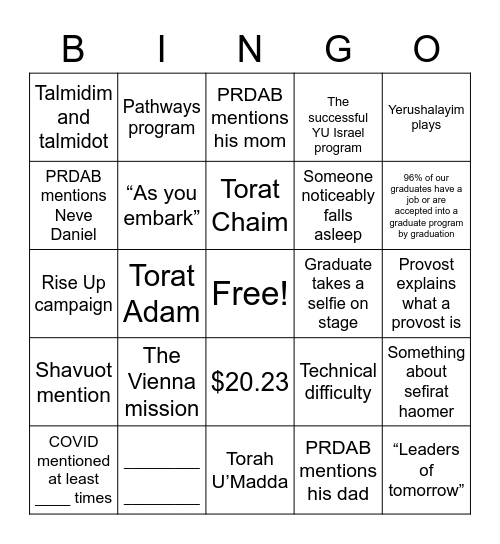 Yeshiva University Commencement 2023 Bingo Card