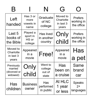 HLC Singles Bingo Card