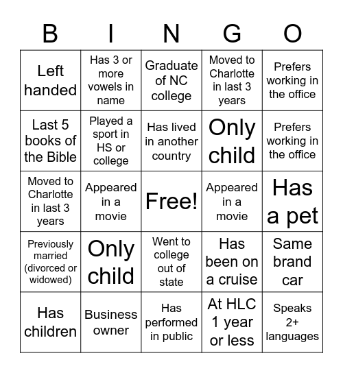 HLC Singles Bingo Card