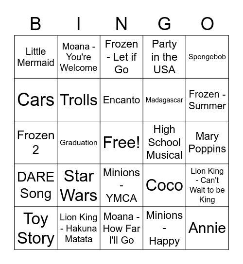 Movies & Songs Bingo Card