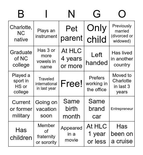 HLC Singles Bingo Card