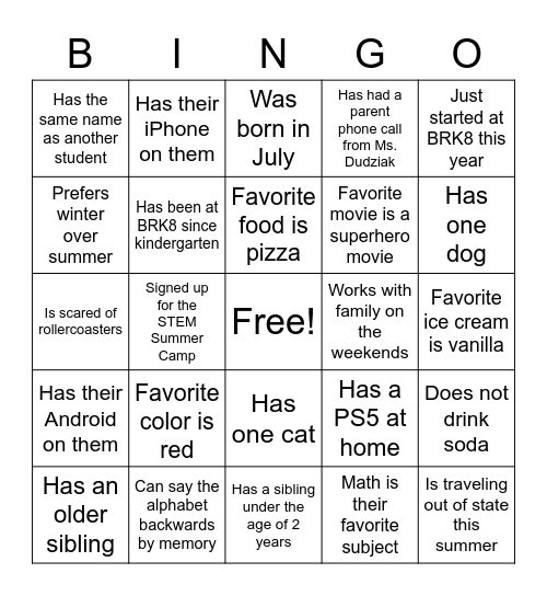 Find Someone Who Bingo Card