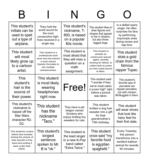 Mr. B Bingo Card