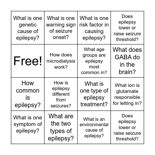 Epilepsy Bingo Sheet Bingo Card