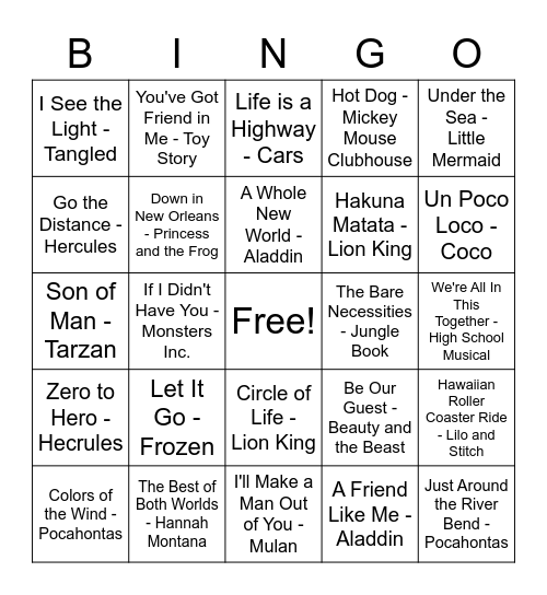 Disney Bingo Card