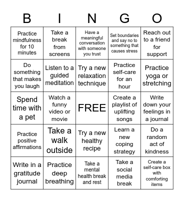 Mental Health Awareness Bingo Card