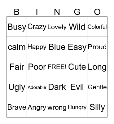 Common Adjectives Bingo Card