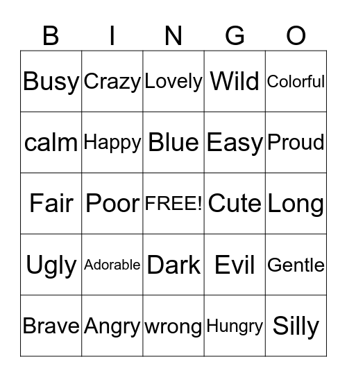 Common Adjectives Bingo Card