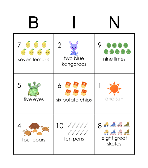 Emotions and Numbers Bingo Card