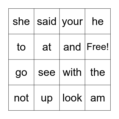 Sight Words Bingo Card