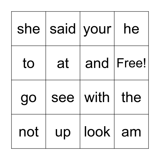 Sight Words Bingo Card