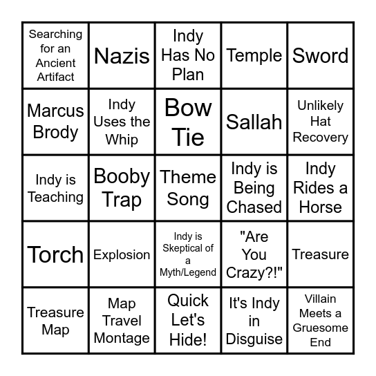 Indiana Jones Bingo Card