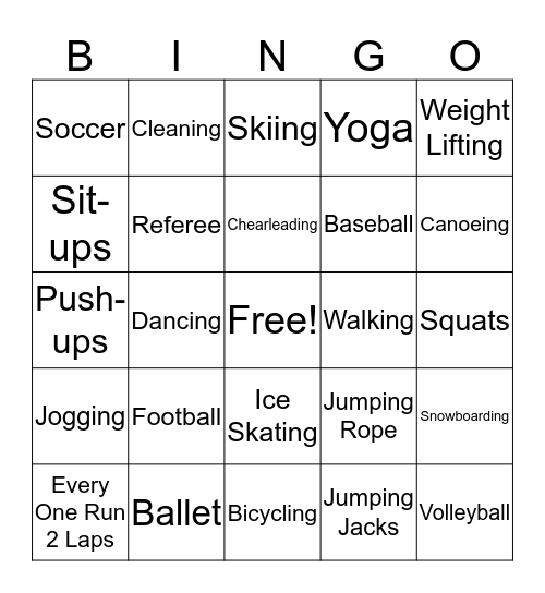 DeFit's Activity Bingo Card
