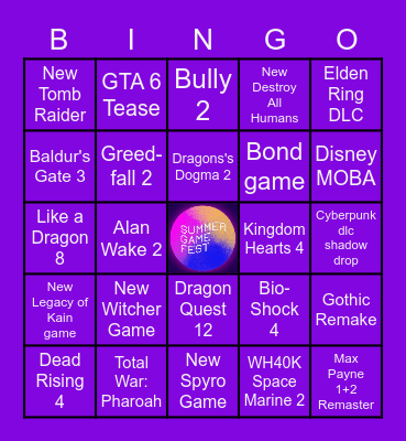 Summer Game Fest Bingo Card