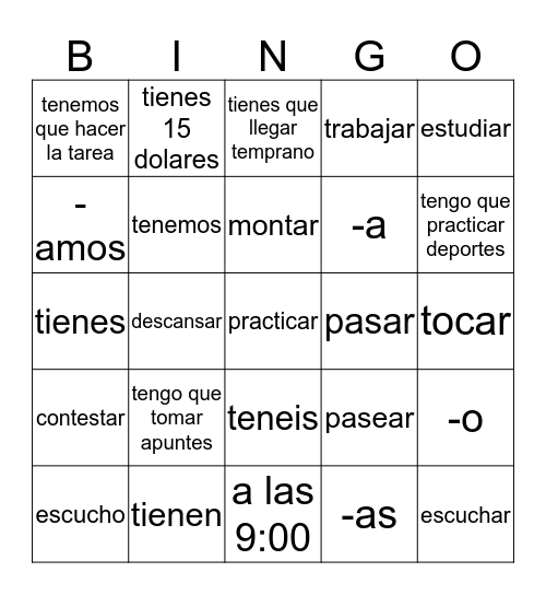 Tener, tener que.. -ar verbs Bingo Card