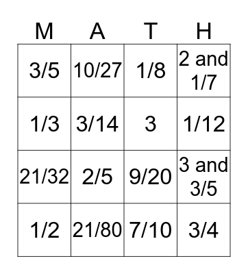 Fraction Multiplication BINGO Card