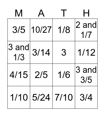 Fraction Multiplication BINGO Card
