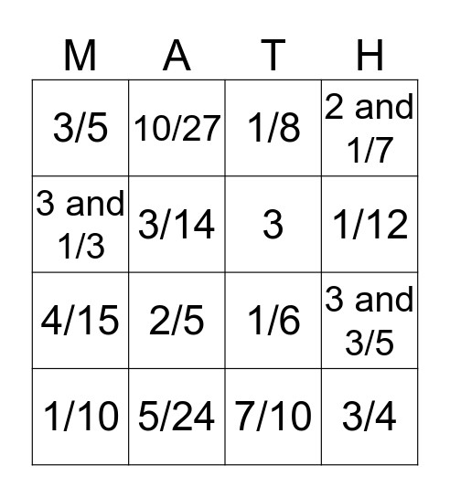 Fraction Multiplication BINGO Card
