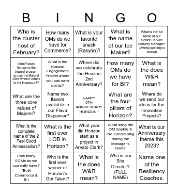 HORIZON Bingo Card