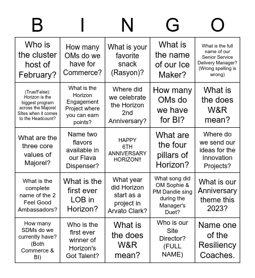 HORIZON Bingo Card