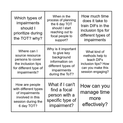 Training the DIFs in Inclusion Tips BINGO Card