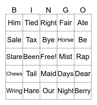 Homophones Bingo Card