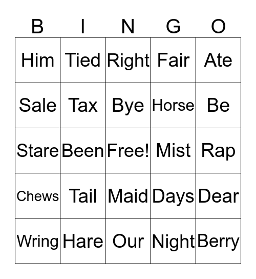 Homophones Bingo Card