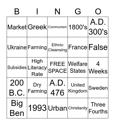 Europe Bingo Card