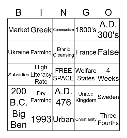 Europe Bingo Card