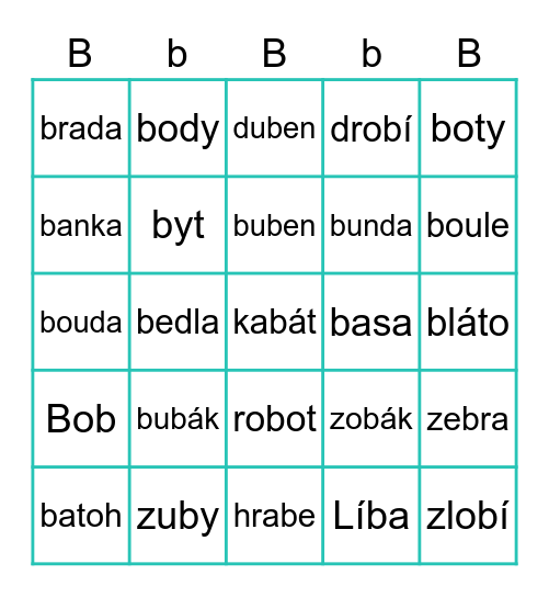 Slova s písmenem B,b Bingo Card