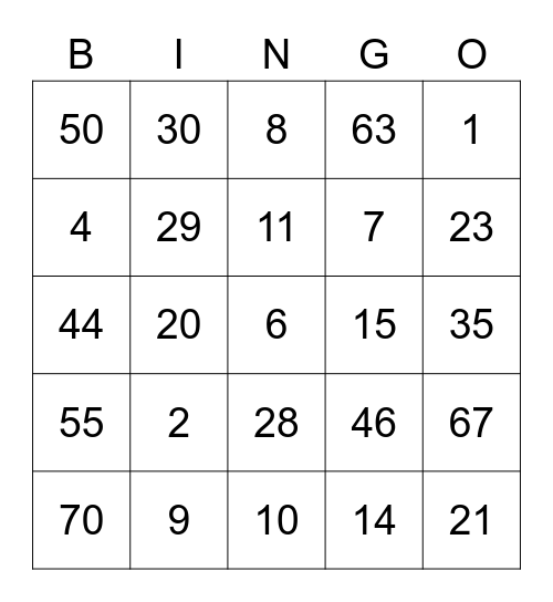 NUMBER BINGO Card