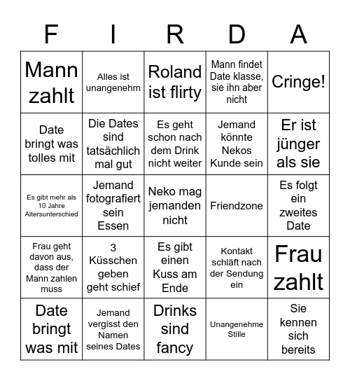 First Dates Bingo Card