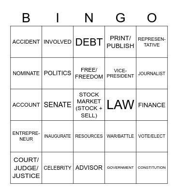 ASL 2: GOVERNMENT/CURRENT EVENTS/MONEY VOCABULARY Bingo Card