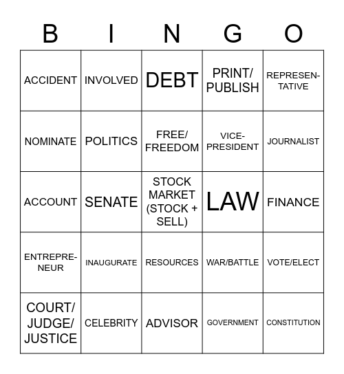 ASL 2: GOVERNMENT/CURRENT EVENTS/MONEY VOCABULARY Bingo Card