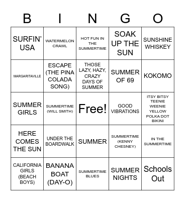 SUMMER SONGS Bingo Card