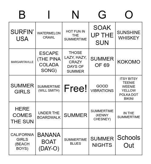 SUMMER SONGS Bingo Card