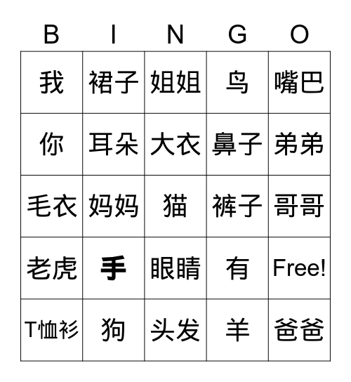 身体部位 Bingo Card