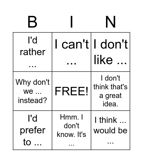 Phrases Bingo Card