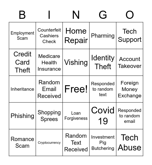 Elder Financial Abuse Bingo Card