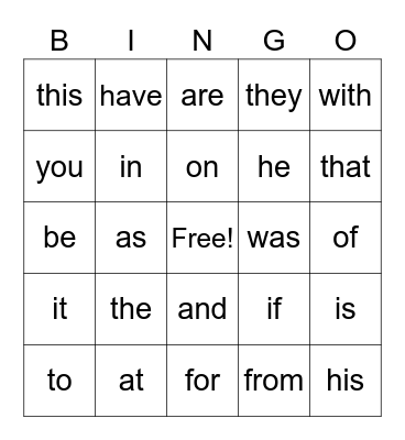 Unit 3-7 Heart Word Bingo Card