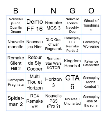 Playstation Showcase Bingo Card