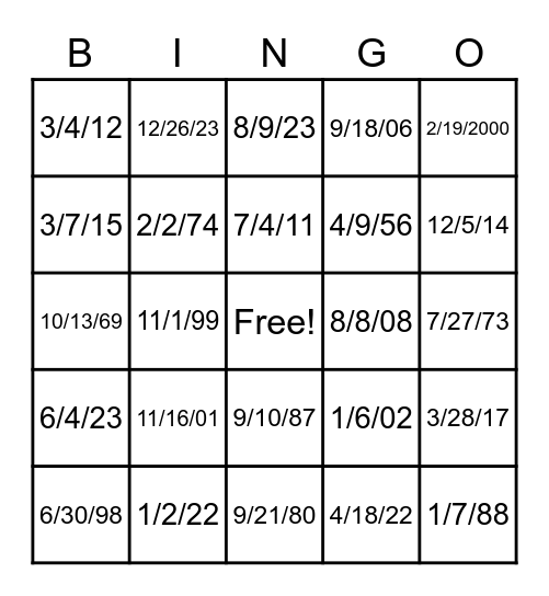 Dates Bingo Card