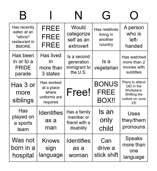 DEI BINGO Card