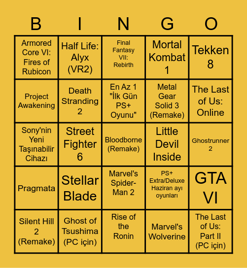 PS Showcase Bingo Card