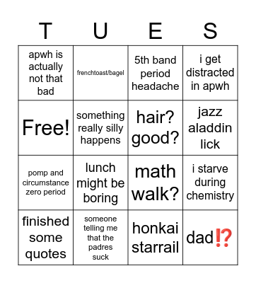 tuesday bingo Card