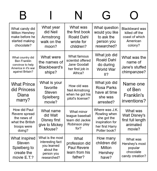 Biography Bingo Card