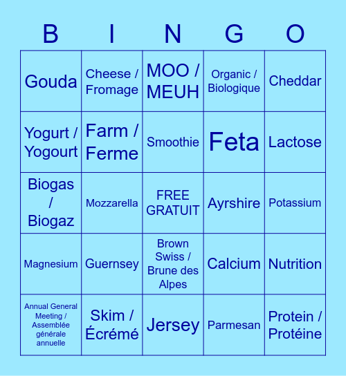 Dairy BINGO laitier Bingo Card